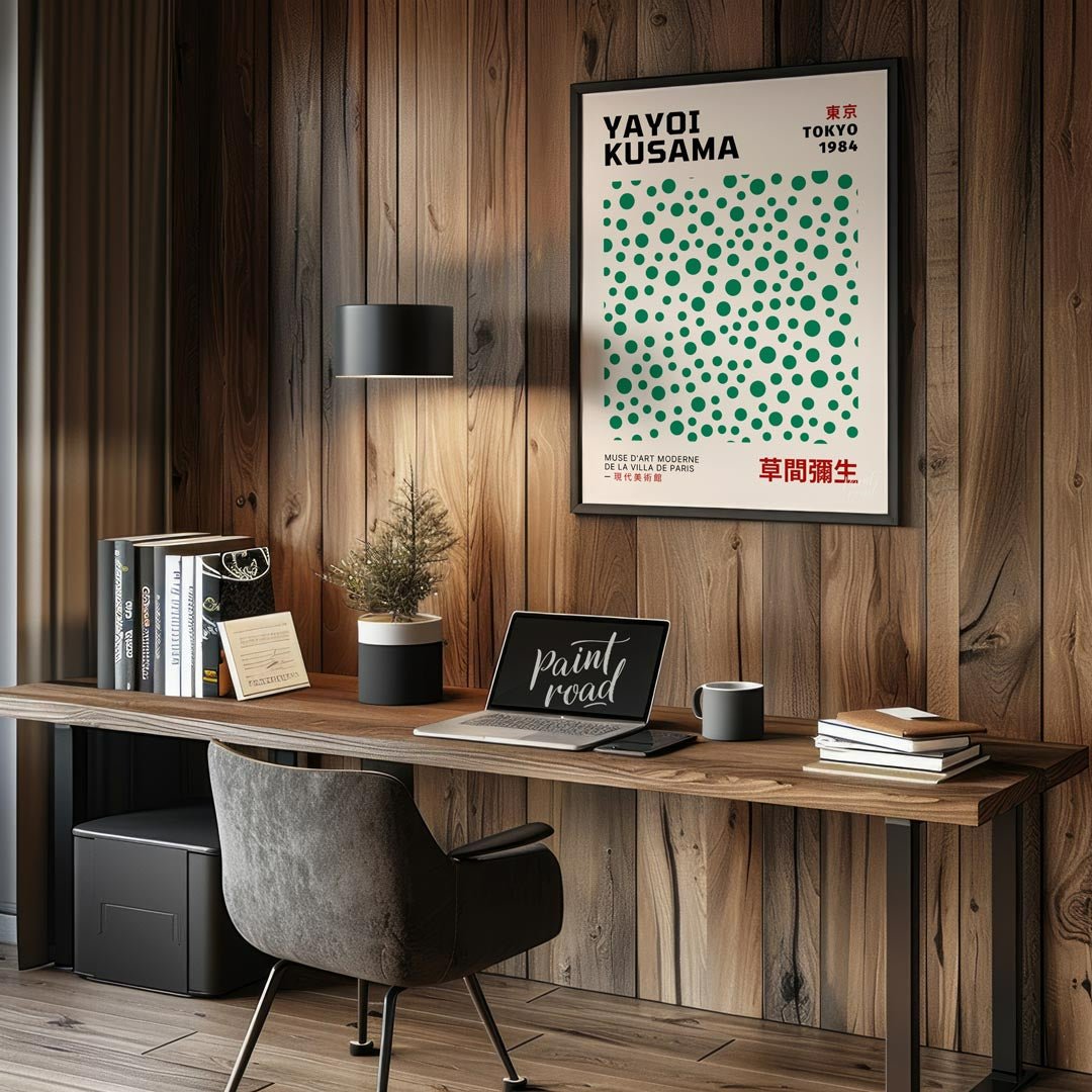 Celebrate the playful genius of Yayoi Kusama with this iconic exhibition poster, advertising her “T… for office