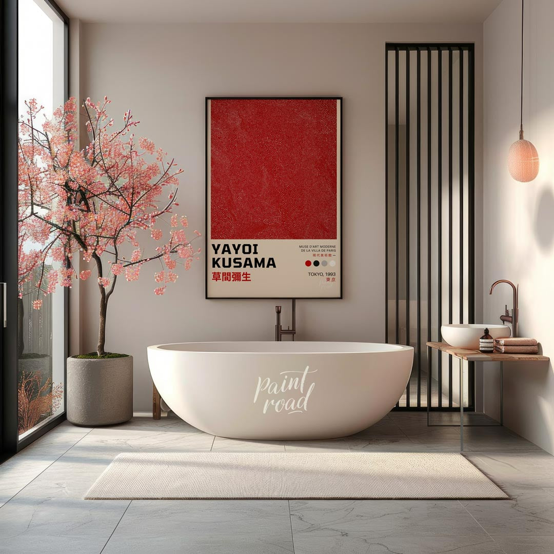 This powerful art print is a poster for a Yayoi Kusama exhibition in Tokyo, 1993, featuring her ico… for bathroom