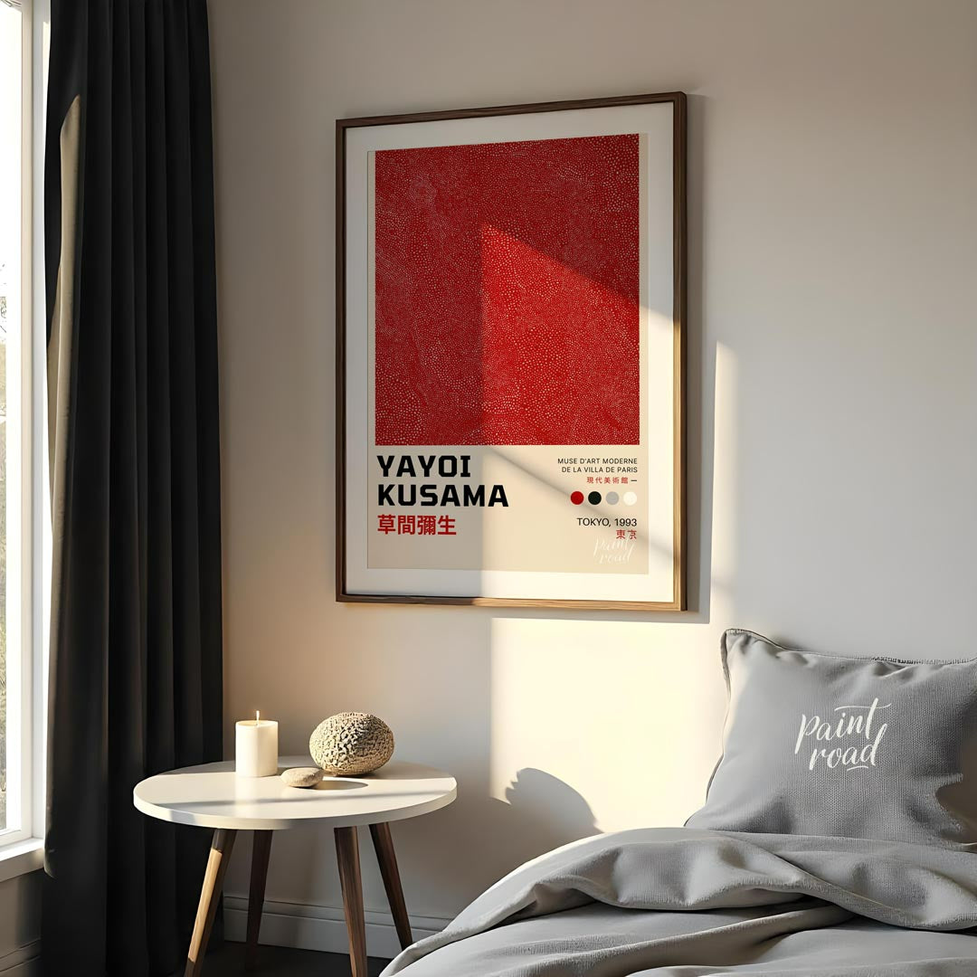 This powerful art print is a poster for a Yayoi Kusama exhibition in Tokyo, 1993, featuring her ico… for bedroom