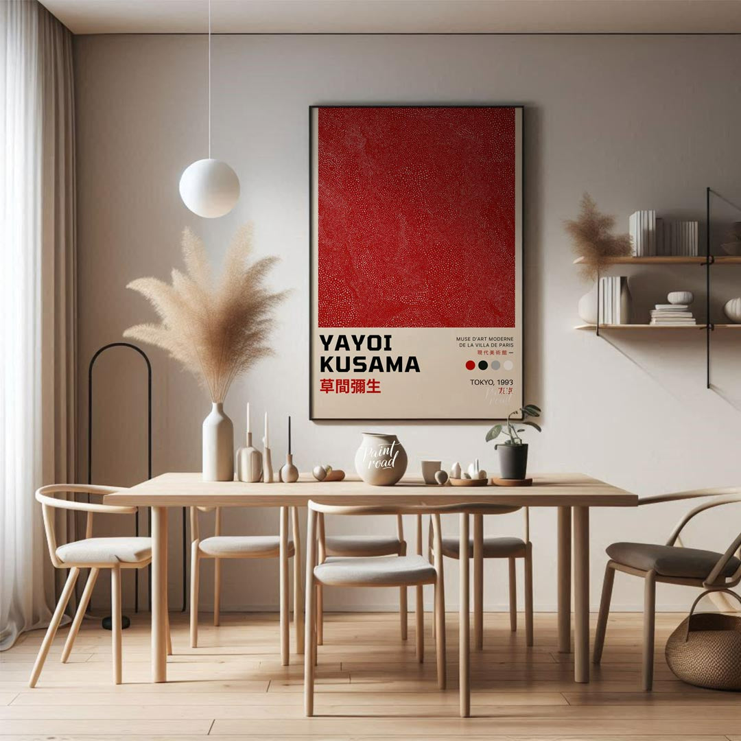This powerful art print is a poster for a Yayoi Kusama exhibition in Tokyo, 1993, featuring her ico… for dining room