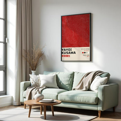 This powerful art print is a poster for a Yayoi Kusama exhibition in Tokyo, 1993, featuring her ico… for living room