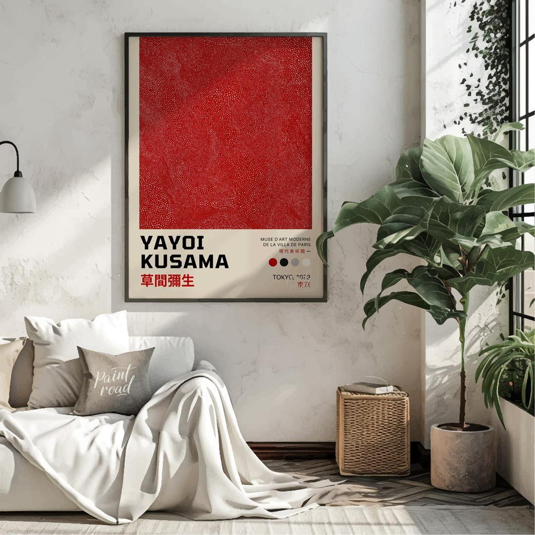 This powerful art print is a poster for a Yayoi Kusama exhibition in Tokyo, 1993, featuring her ico… for living room