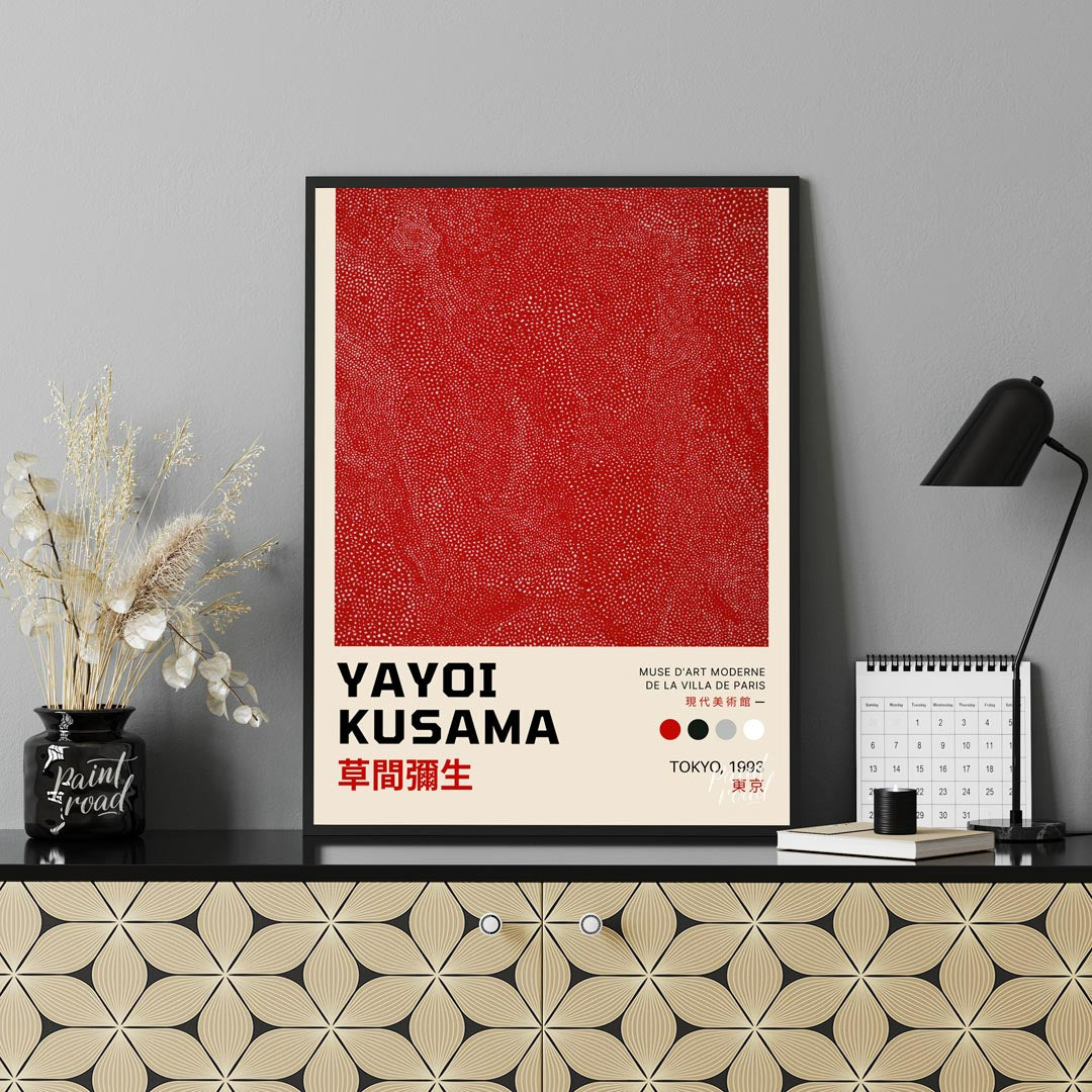 This powerful art print is a poster for a Yayoi Kusama exhibition in Tokyo, 1993, featuring her ico… for office