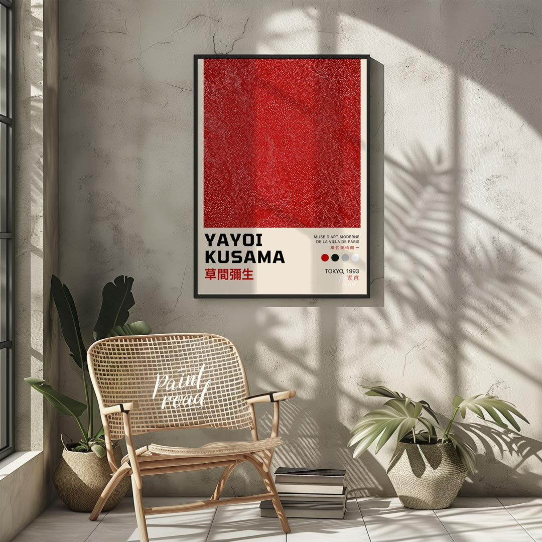 This powerful art print is a poster for a Yayoi Kusama exhibition in Tokyo, 1993, featuring her ico… for other
