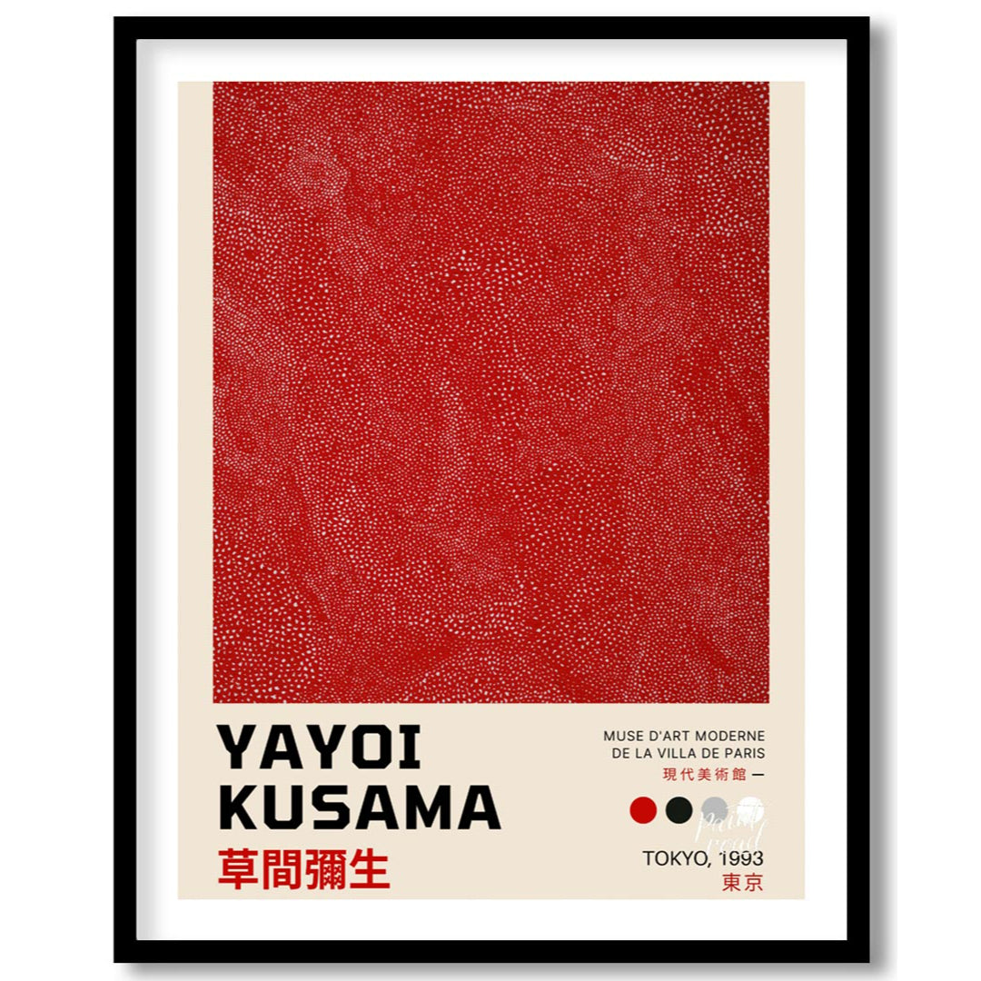 This powerful art print is a poster for a Yayoi Kusama exhibition in Tokyo, 1993, featuring her ico… for sweet home