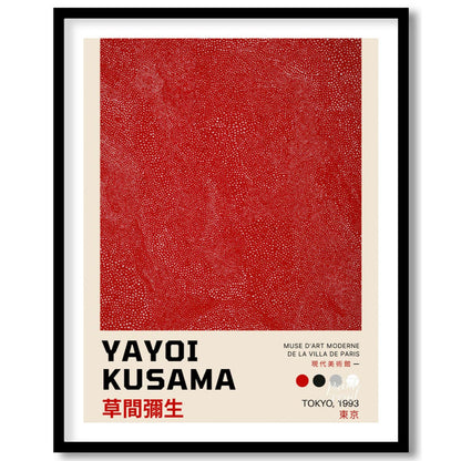 This powerful art print is a poster for a Yayoi Kusama exhibition in Tokyo, 1993, featuring her ico… for sweet home