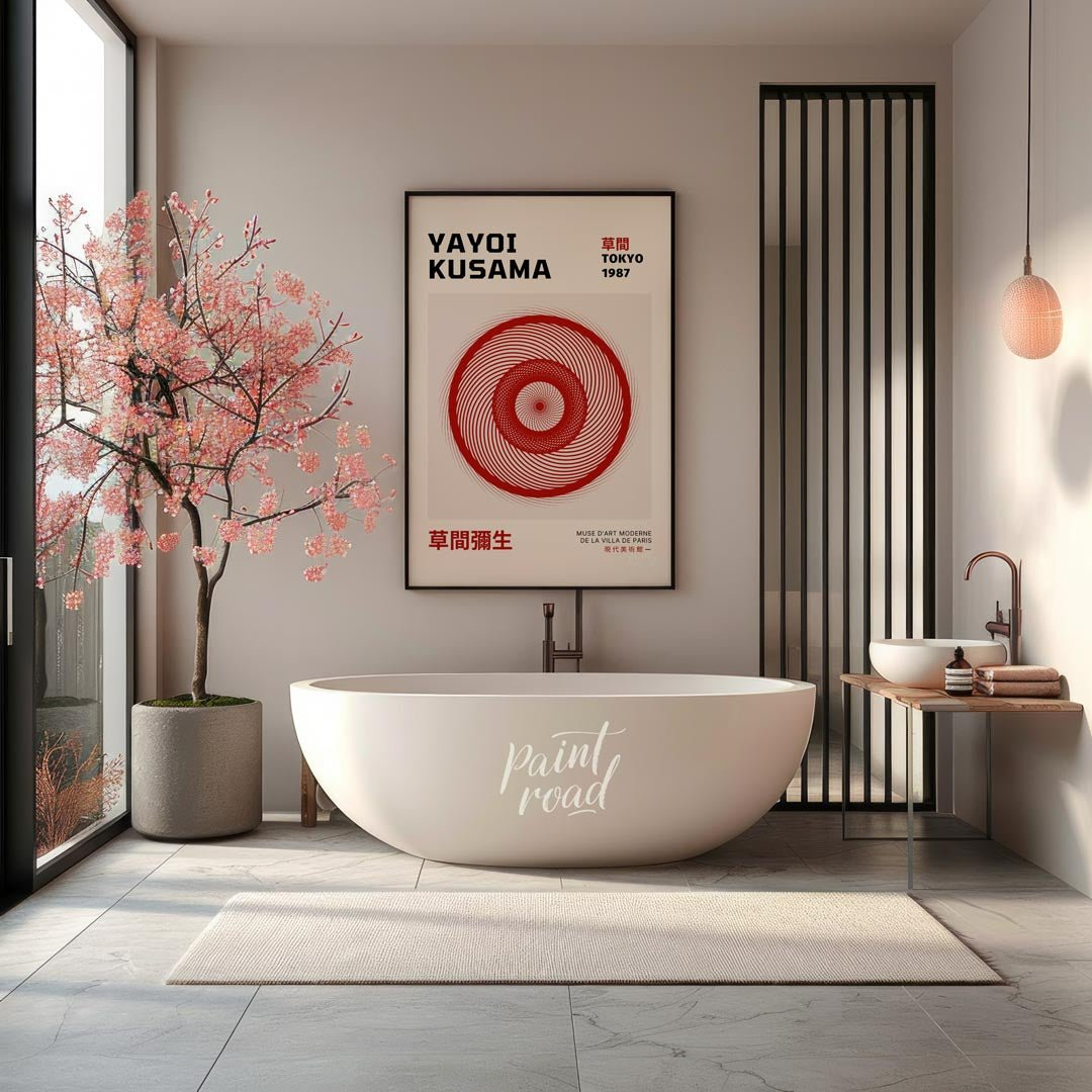 Delve into the mesmerizing world of contemporary art with this elegant exhibition poster for Yayoi … for bathroom