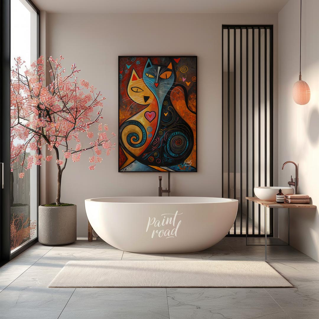 This expressive and colorful abstract painting portrays two stylized cats, one in warm yellow and o… for bathroom