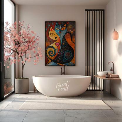 This expressive and colorful abstract painting portrays two stylized cats, one in warm yellow and o… for bathroom