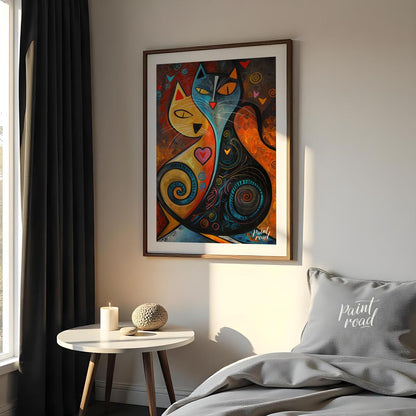This expressive and colorful abstract painting portrays two stylized cats, one in warm yellow and o… for bedroom
