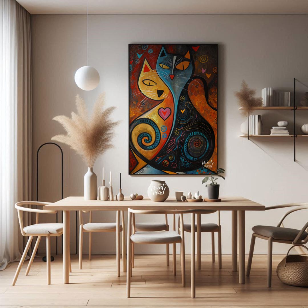 This expressive and colorful abstract painting portrays two stylized cats, one in warm yellow and o… for dining room