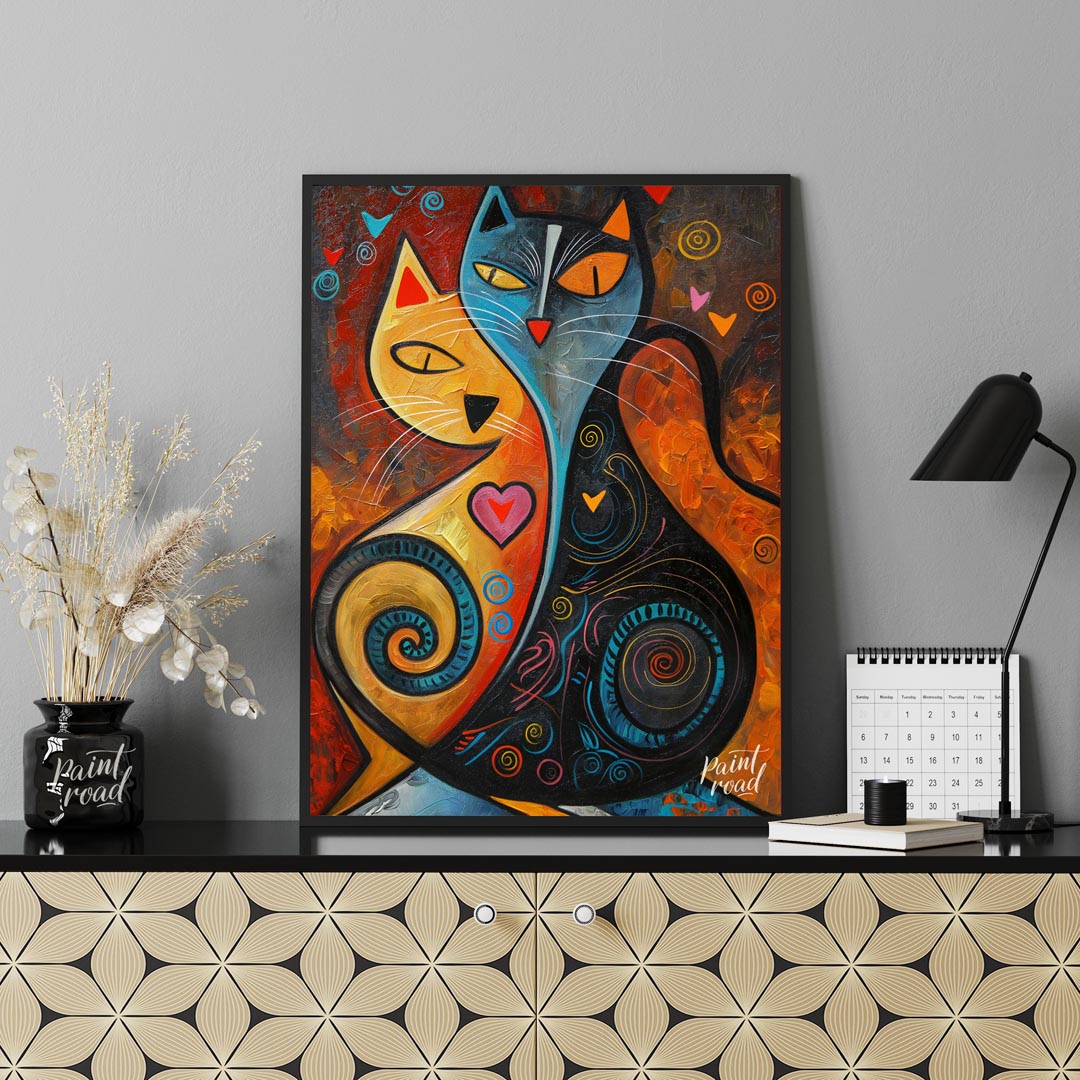 This expressive and colorful abstract painting portrays two stylized cats, one in warm yellow and o… for living room