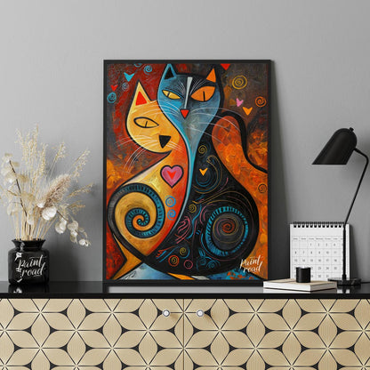 This expressive and colorful abstract painting portrays two stylized cats, one in warm yellow and o… for living room