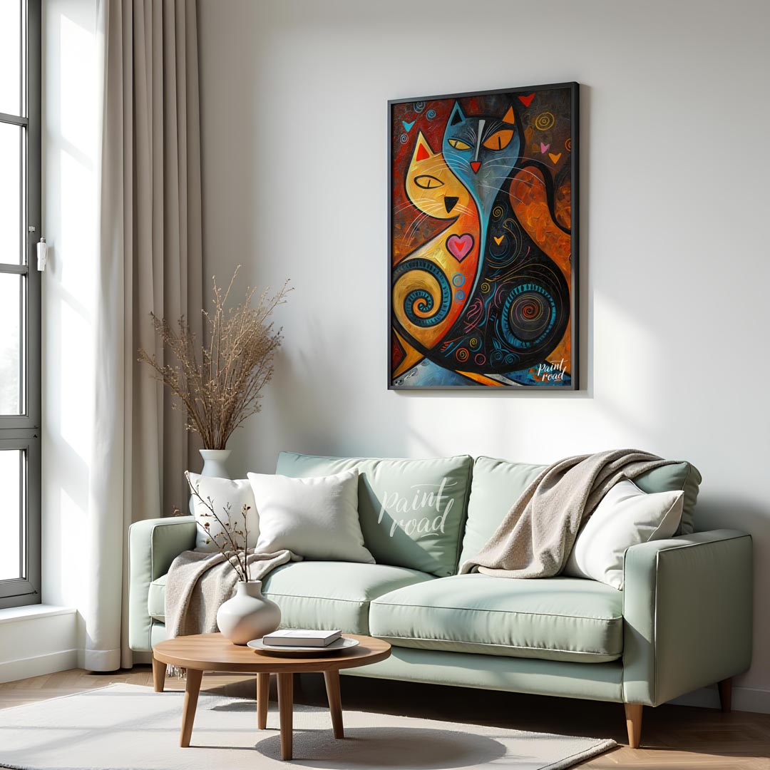 This expressive and colorful abstract painting portrays two stylized cats, one in warm yellow and o… for living room