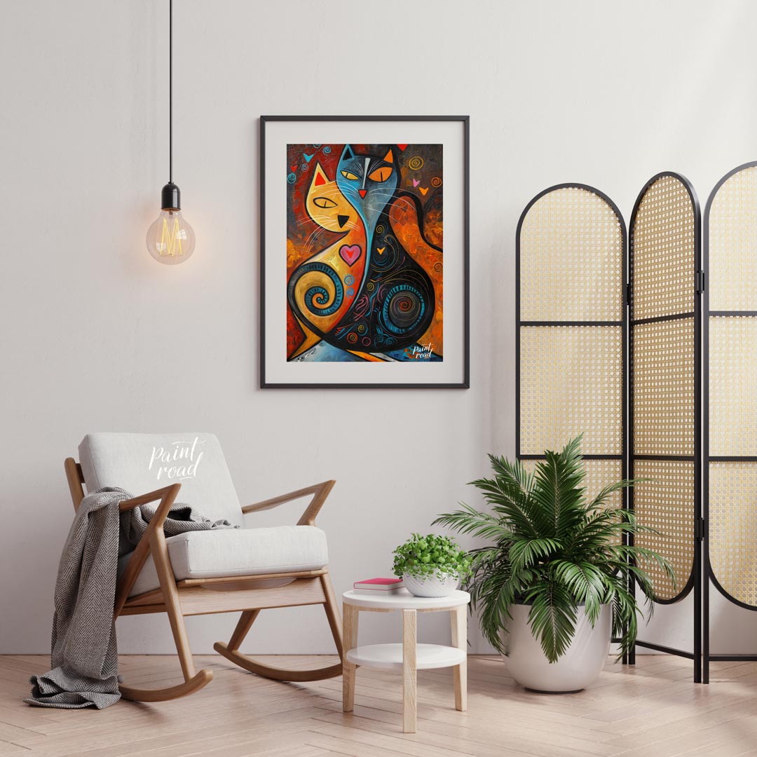 This expressive and colorful abstract painting portrays two stylized cats, one in warm yellow and o… for living room