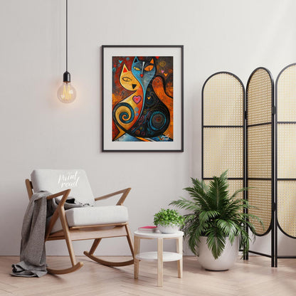 This expressive and colorful abstract painting portrays two stylized cats, one in warm yellow and o… for living room