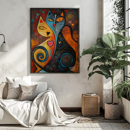 This expressive and colorful abstract painting portrays two stylized cats, one in warm yellow and o… for living room
