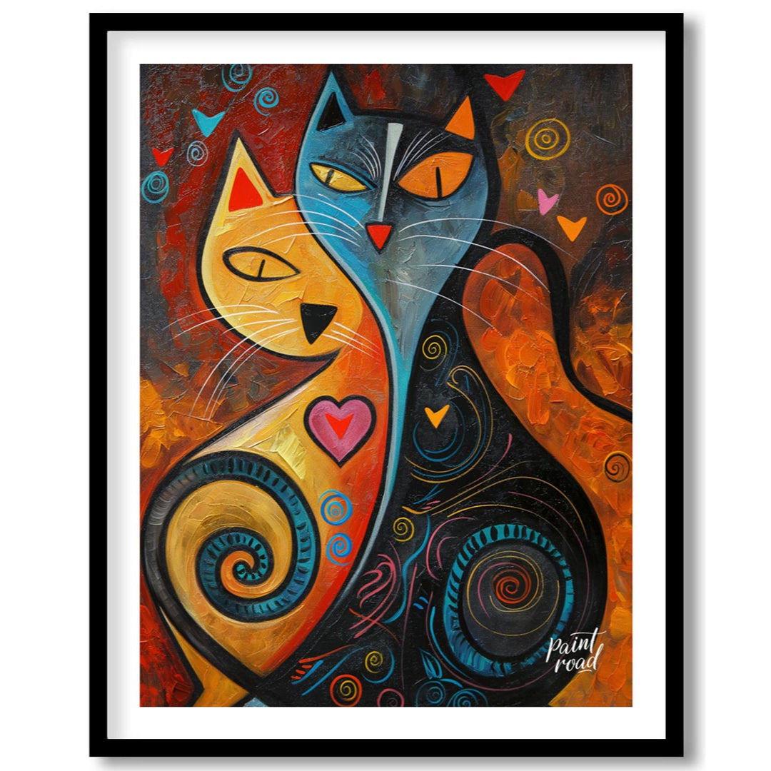 This expressive and colorful abstract painting portrays two stylized cats, one in warm yellow and o… for lovely house
