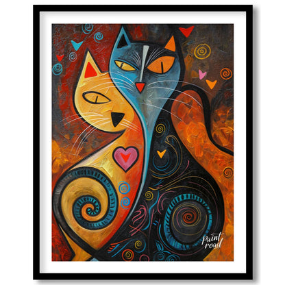 This expressive and colorful abstract painting portrays two stylized cats, one in warm yellow and o… for lovely house