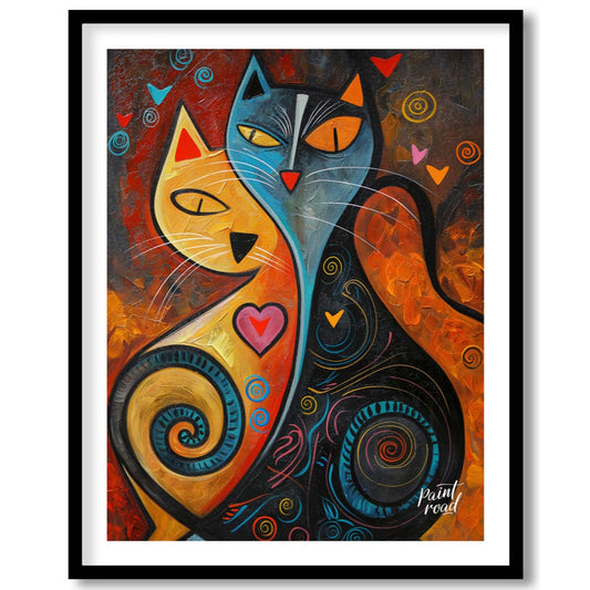 This expressive and colorful abstract painting portrays two stylized cats, one in warm yellow and o… for lovely house