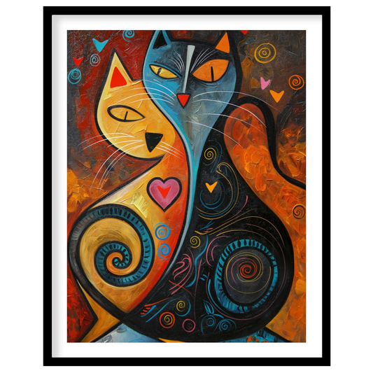 This expressive and colorful abstract painting portrays two stylized cats, one in warm yellow and o… for lovely house