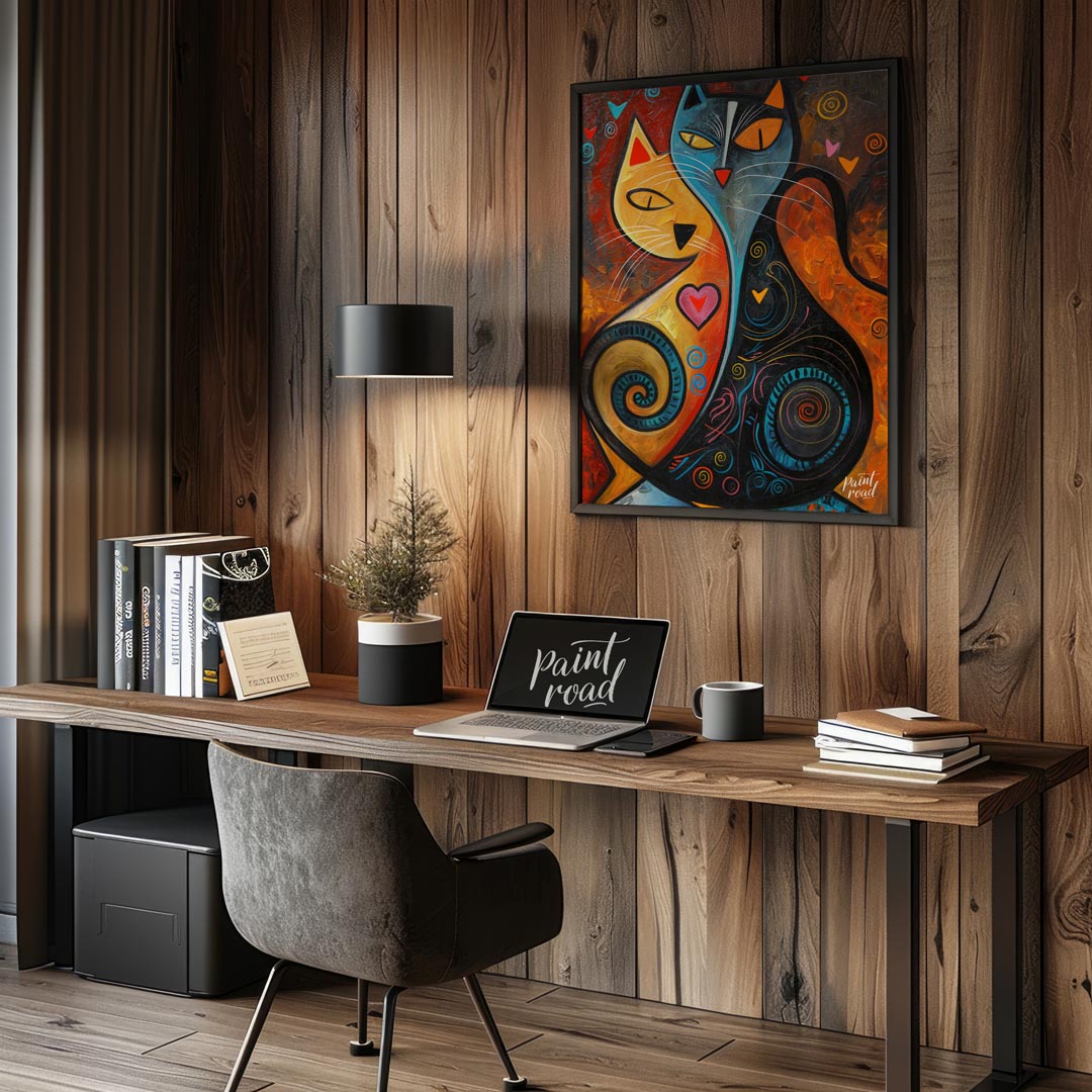 This expressive and colorful abstract painting portrays two stylized cats, one in warm yellow and o… for office