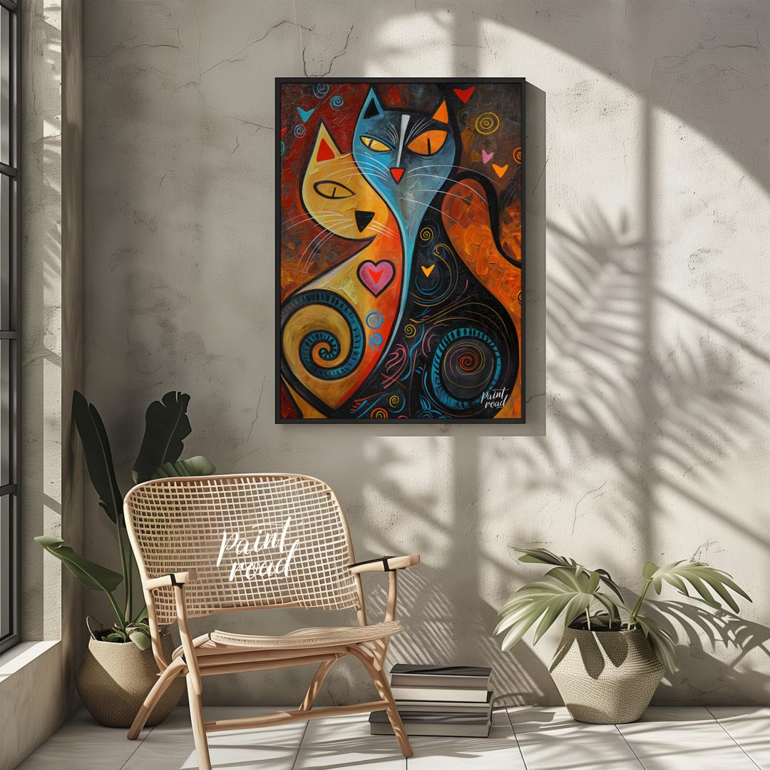 This expressive and colorful abstract painting portrays two stylized cats, one in warm yellow and o… for other
