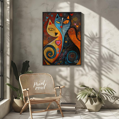 This expressive and colorful abstract painting portrays two stylized cats, one in warm yellow and o… for other