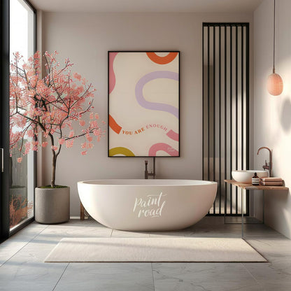 This uplifting art print features a minimalist yet vibrant design, centered around the empowering p… for bathroom