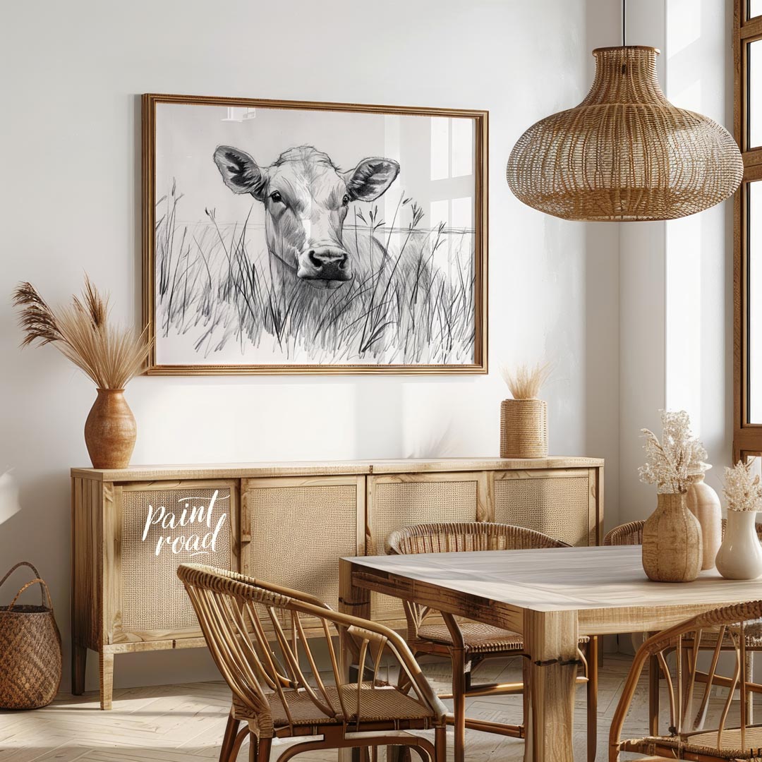 This charming pencil sketch captures the endearing gaze of a young calf partially hidden by tall gr… for dining room