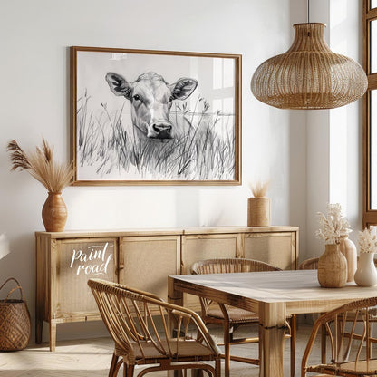 This charming pencil sketch captures the endearing gaze of a young calf partially hidden by tall gr… for dining room
