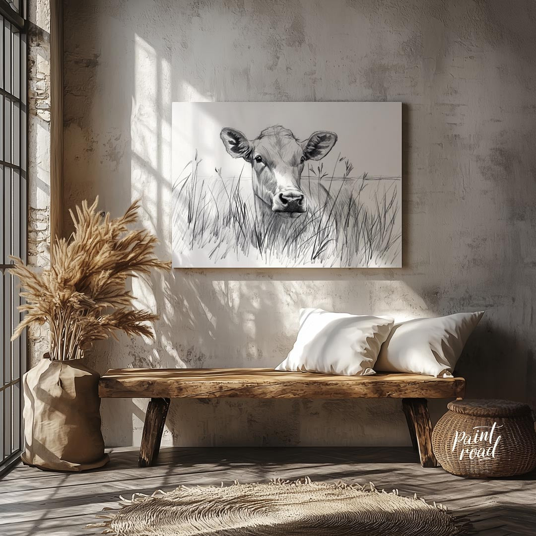 This charming pencil sketch captures the endearing gaze of a young calf partially hidden by tall gr… for entryway