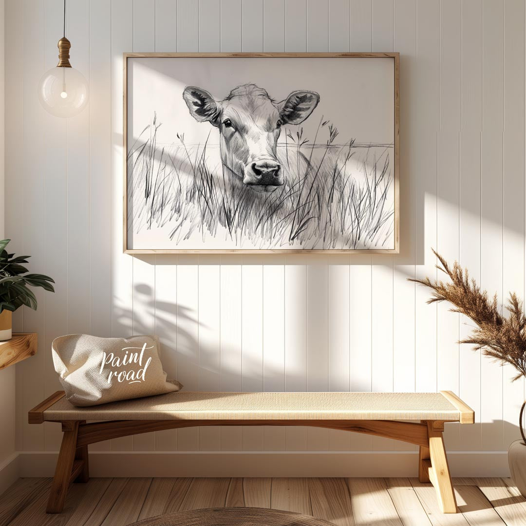 This charming pencil sketch captures the endearing gaze of a young calf partially hidden by tall gr… for entryway
