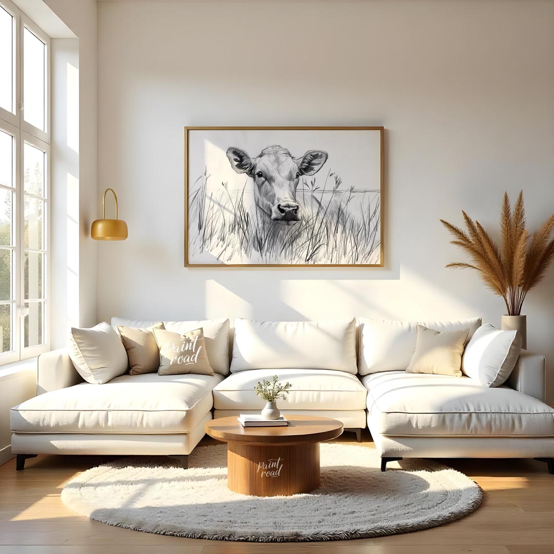 This charming pencil sketch captures the endearing gaze of a young calf partially hidden by tall gr… for living room