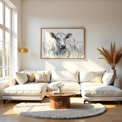 This charming pencil sketch captures the endearing gaze of a young calf partially hidden by tall gr… for living room