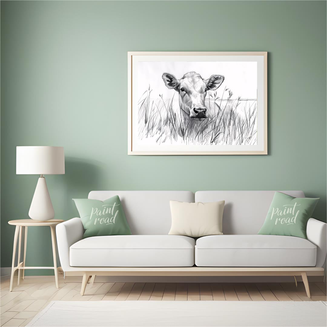 This charming pencil sketch captures the endearing gaze of a young calf partially hidden by tall gr… for living room