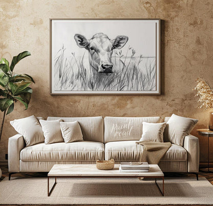This charming pencil sketch captures the endearing gaze of a young calf partially hidden by tall gr… for living room