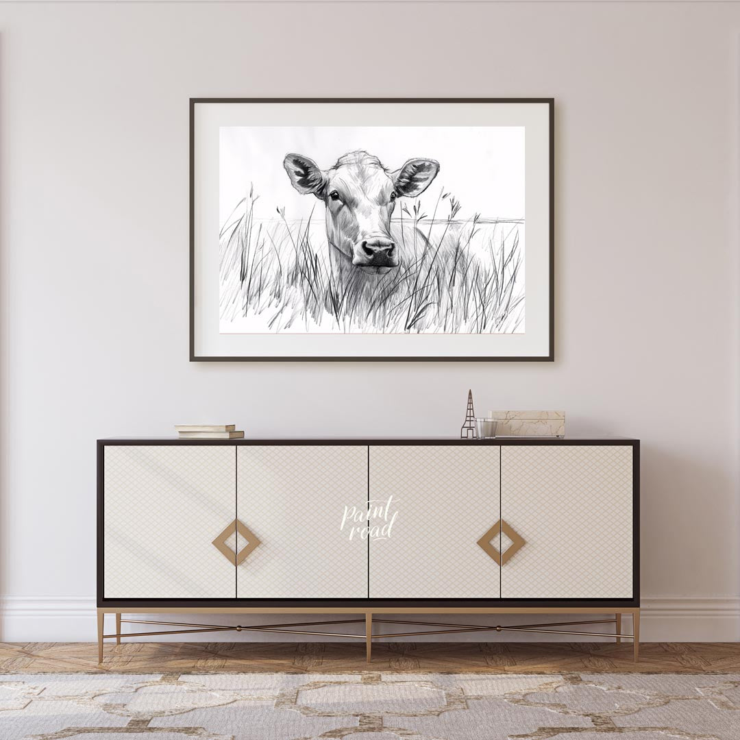 This charming pencil sketch captures the endearing gaze of a young calf partially hidden by tall gr… for living room