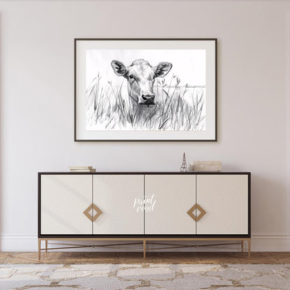 This charming pencil sketch captures the endearing gaze of a young calf partially hidden by tall gr… for living room