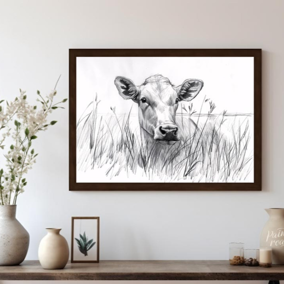 This charming pencil sketch captures the endearing gaze of a young calf partially hidden by tall gr… for living room