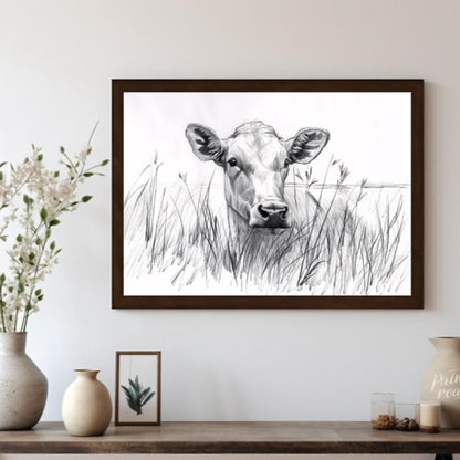 This charming pencil sketch captures the endearing gaze of a young calf partially hidden by tall gr… for living room