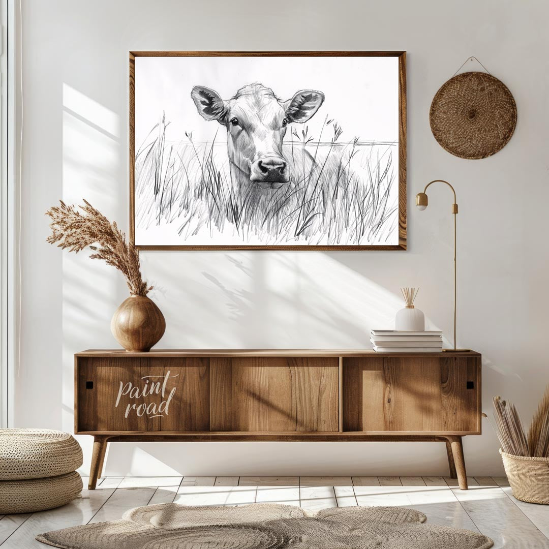 This charming pencil sketch captures the endearing gaze of a young calf partially hidden by tall gr… for living room