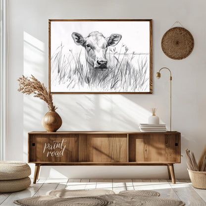 This charming pencil sketch captures the endearing gaze of a young calf partially hidden by tall gr… for living room
