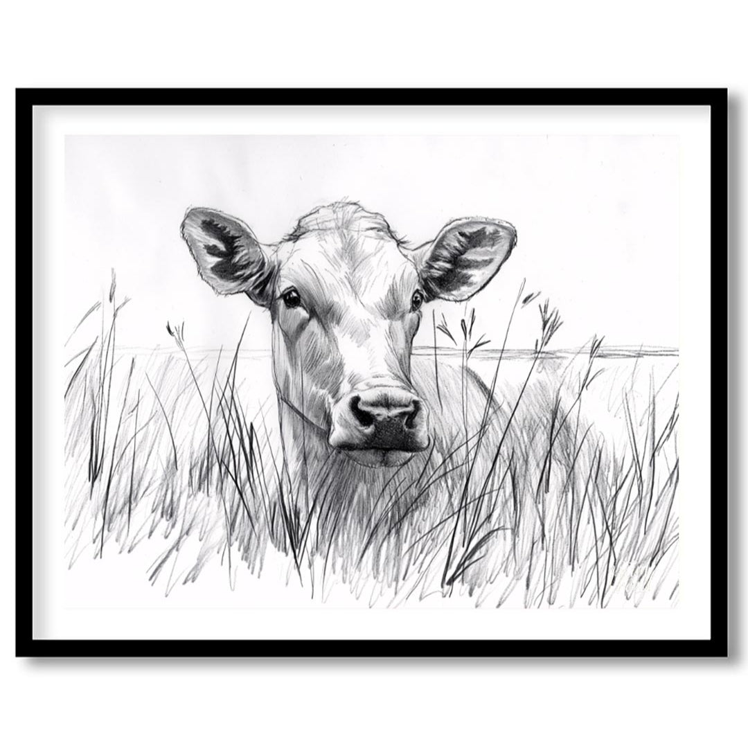 This charming pencil sketch captures the endearing gaze of a young calf partially hidden by tall gr… for space