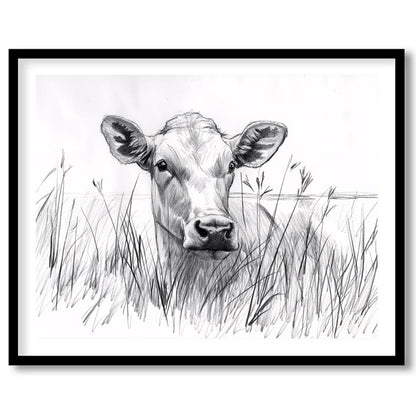 This charming pencil sketch captures the endearing gaze of a young calf partially hidden by tall gr… for space