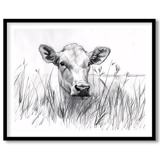 This charming pencil sketch captures the endearing gaze of a young calf partially hidden by tall gr… for space