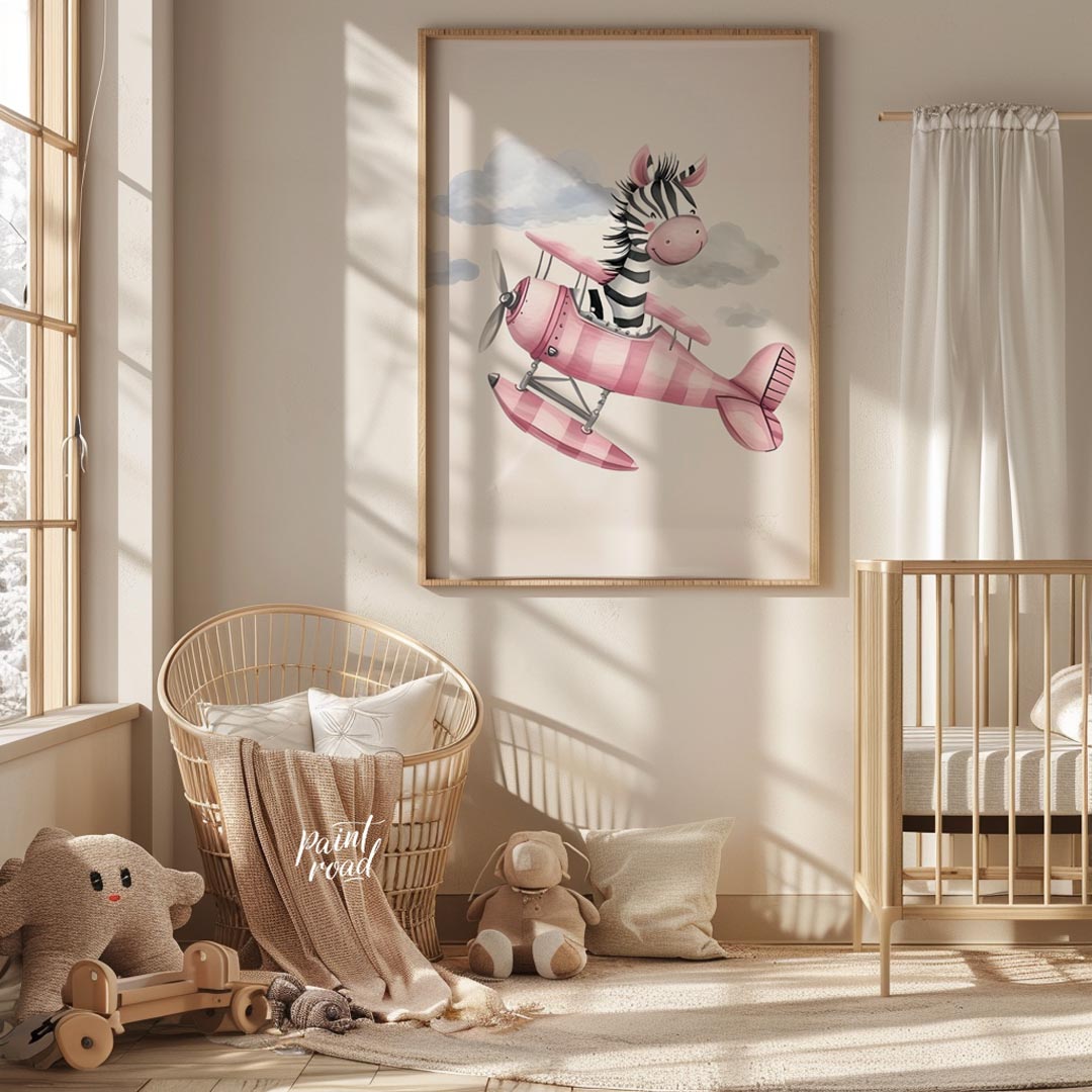 This charming illustration captures a whimsical moment of airborne delight as a cheerful zebra pilo… for nursery