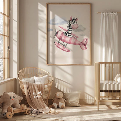 This charming illustration captures a whimsical moment of airborne delight as a cheerful zebra pilo… for nursery
