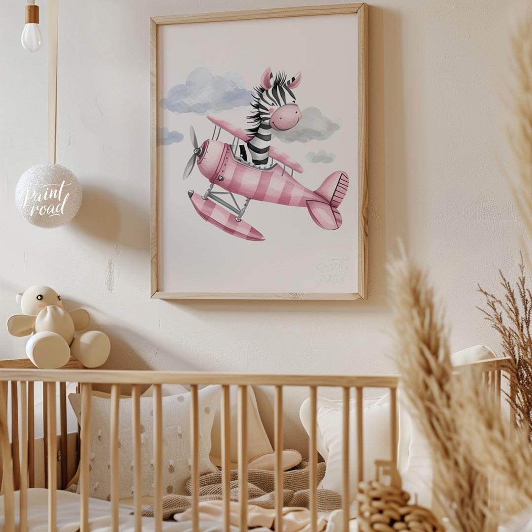This charming illustration captures a whimsical moment of airborne delight as a cheerful zebra pilo… for nursery