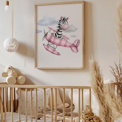 This charming illustration captures a whimsical moment of airborne delight as a cheerful zebra pilo… for nursery